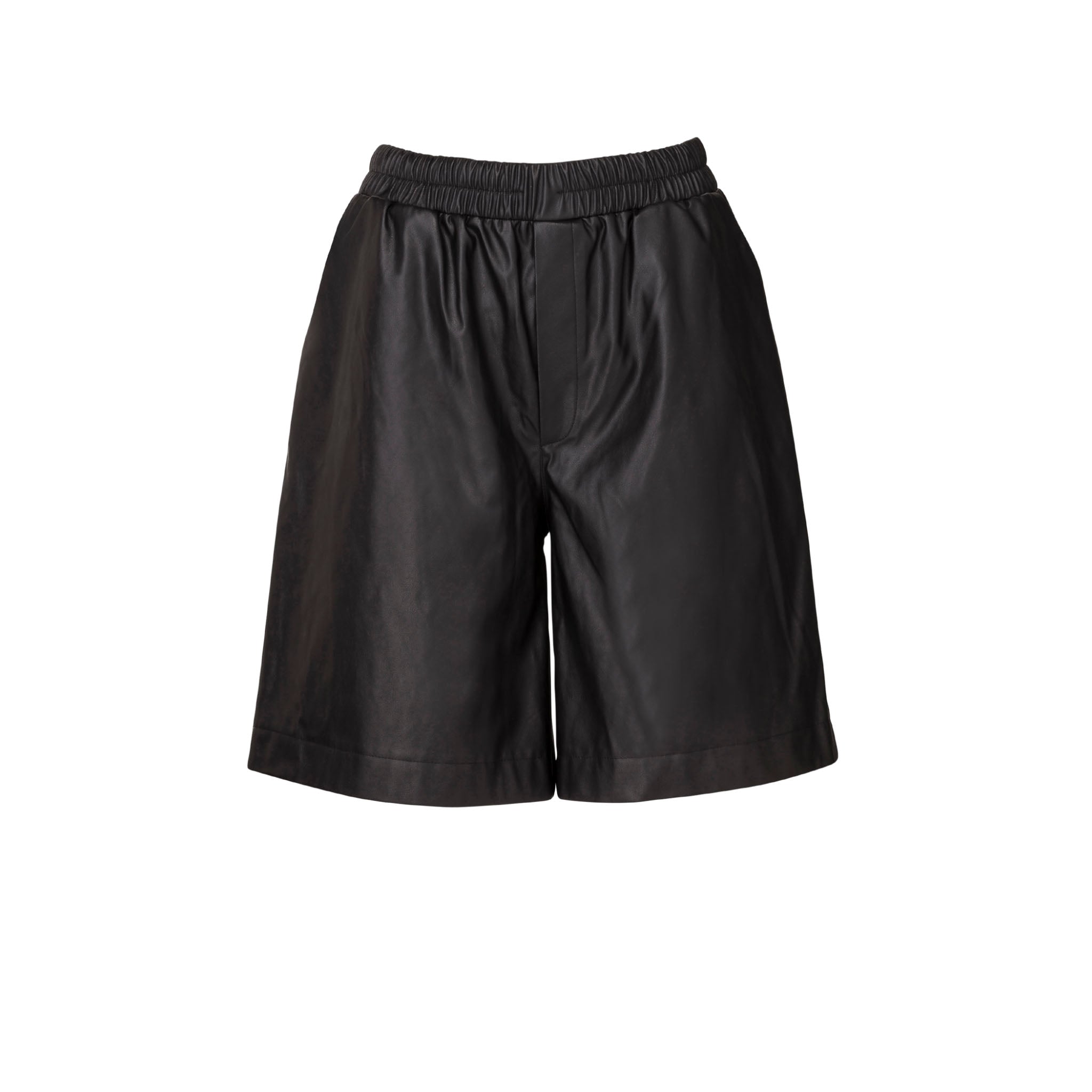 Dianthu Faux Leather Relaxed Fit Shorts In Jet Black Color Front Packshot Marei1998