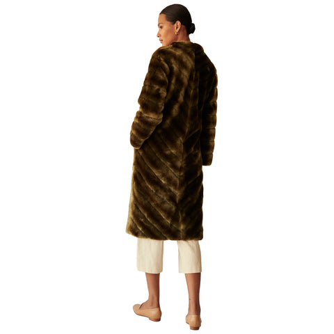 Ecklonis Olive Stripes Faux Fur Robe Coat Model Back Marei1998