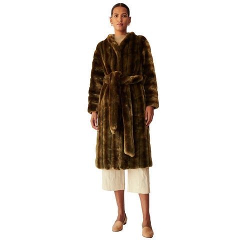 Ecklonis Olive Stripes Faux Fur Robe Coat Model Front Marei1998