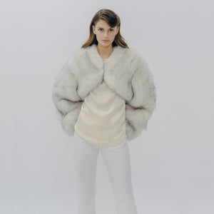 Viola Faux Fur White Bolero Jacket Model Front Close Up Marei1998